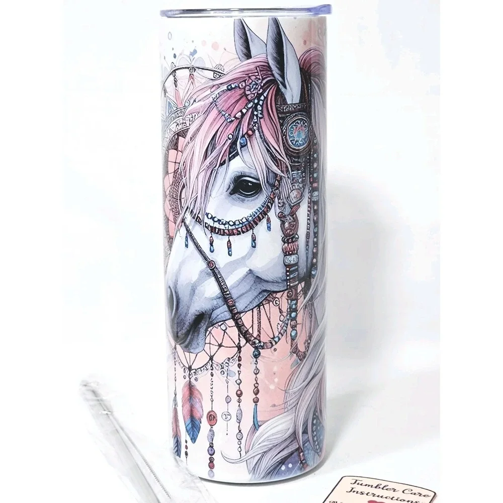 Horse Equestrian Animal Print Flowers Fun 20oz Stainless Steel Skinny Tumbler